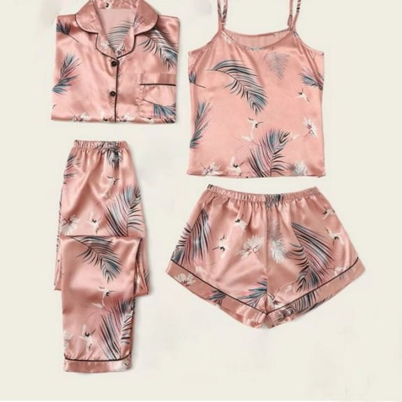ZhangNan Home Suit Flamingo Print Fashion Slim Pajamas Set All Seasons Soft Satin Fabric 2PC, One Size, Size M-2XL