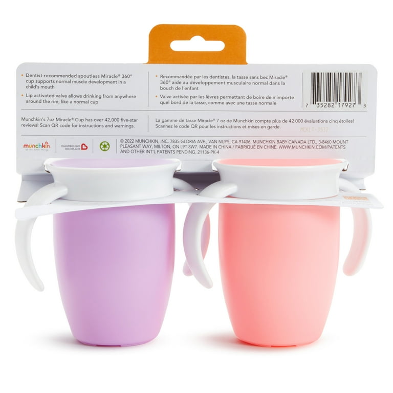 Munchkin® Click Lock™ Bite Proof Trainer Cup, 7 Ounce, 2 Pack, Pink/Purple