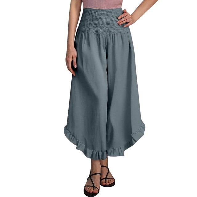 Women Linen Pants Summer Wide Leg Pants Smocked Waist Ruffle Hem Palazzo Pants Boho Flowy Beach Pants With Pocket Dress Pants with Pockets Womens Casual Drawstring Pants Women Casual Pants for Work