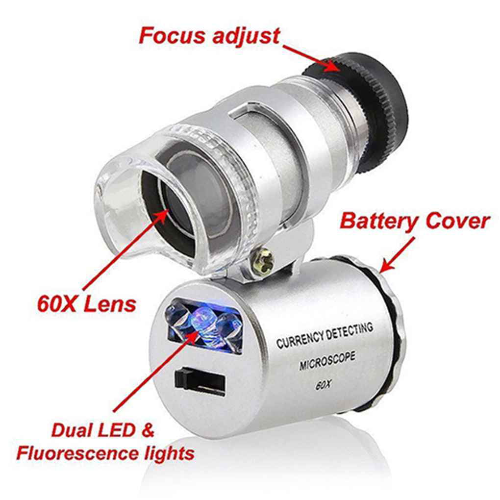 60X Pocket Microscope Mini Currency Detecting Jewellery Magnifier LED UV LightWQ 