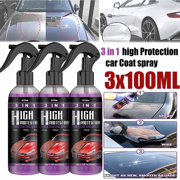 3 in 1 Nano Ceramic Car Coating Spray, Quick Car Wax Polish, Scratch Repair Dust Remover, Hydrophobic Water Repellent Cleaner for Car Motorcycle RV Boat, 3×100ml