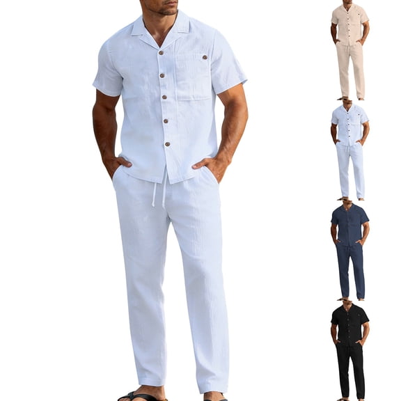 100% Cotton Linen Shirt Pants Outfits:Men's Linen Sets 2 Piece Short Sleeve Shirts Yoga Pants Beach Wedding Suits Pocket White