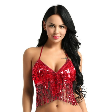 Zaldita Women Shiny Belly Dance Tassel Fringe Top Wire-free Padded Halter Bra Tank Top Bralette Red One Size