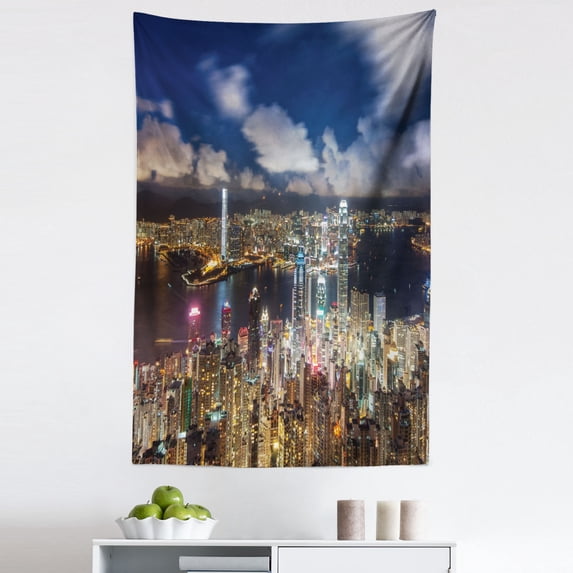 Scenery Tapestry, Night View Hong Kong Victoria Harbor Business Financial District Cityscape Print, Fabric Wall Hanging Decor for Bedroom Living Room Dorm, 5 Sizes, Navy White, by Ambesonne
