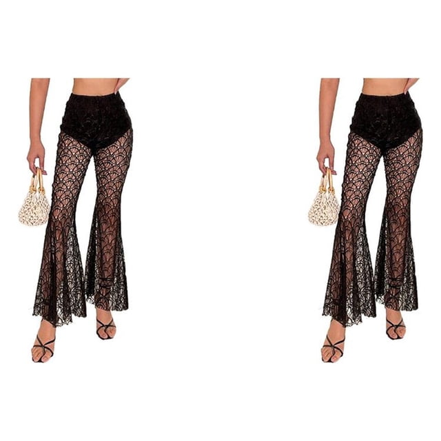 Pantalones largos de encaje transparentes Sonducket estilo gótico mujer Pierna ancha S M L Blanco Negro