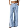thumbnail image 2 of Women's Linen Straight Leg Casual Pants, High Waist Elastic Waist with Pockets, Soft Cotton Comfortable Straight Leg, Dressy Casual Business Lounge Summer Beach, Womens Trousers, 2 of 7