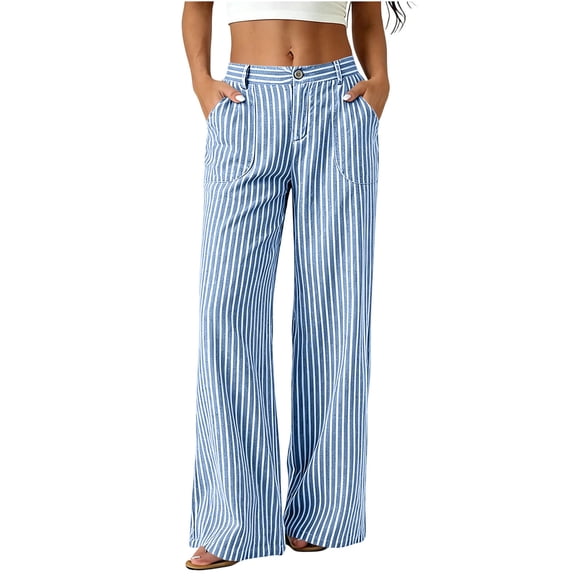 Womens Cotton Striped Wide Leg Pants Elastic Waist Button Closure Flowy Trousers Casual Vacation Boho Pants with Pockets Light Blue