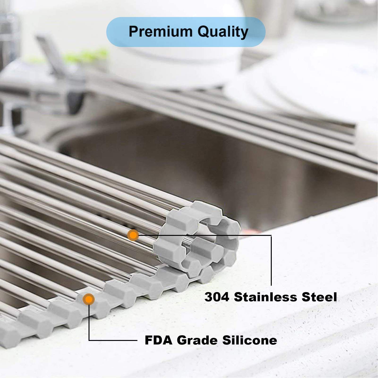 UpGood Stainless Steel Over The Sink Dish Drying Rack - Rollable, Foldable, and Easy to Store (Black)