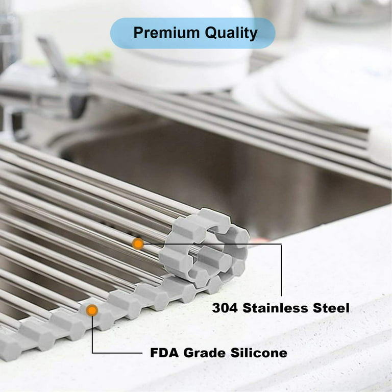 Surlong Multipurpose Roll-Up Dish Drying Rack,Foldable Sink Rack Mat Stainless Steel Wire Dish Drying Rack(Gray, 14.6 inch x 13 inch ), White