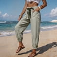 thumbnail image 7 of Womens Summer Striped Barrel Pants Comfy Drawstring Cropped Pant with Pockets Beach Vacation Elastic Waisted Trousers Green L, 7 of 7