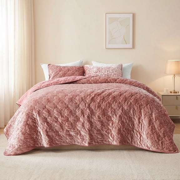Regency Heights Velvet Quilt Set, 3-Piece Luxury Bedspread with 2 Shams, Ultra Soft Reversible Microfiber, All Season Lightweight Bedding, Blush, Queen