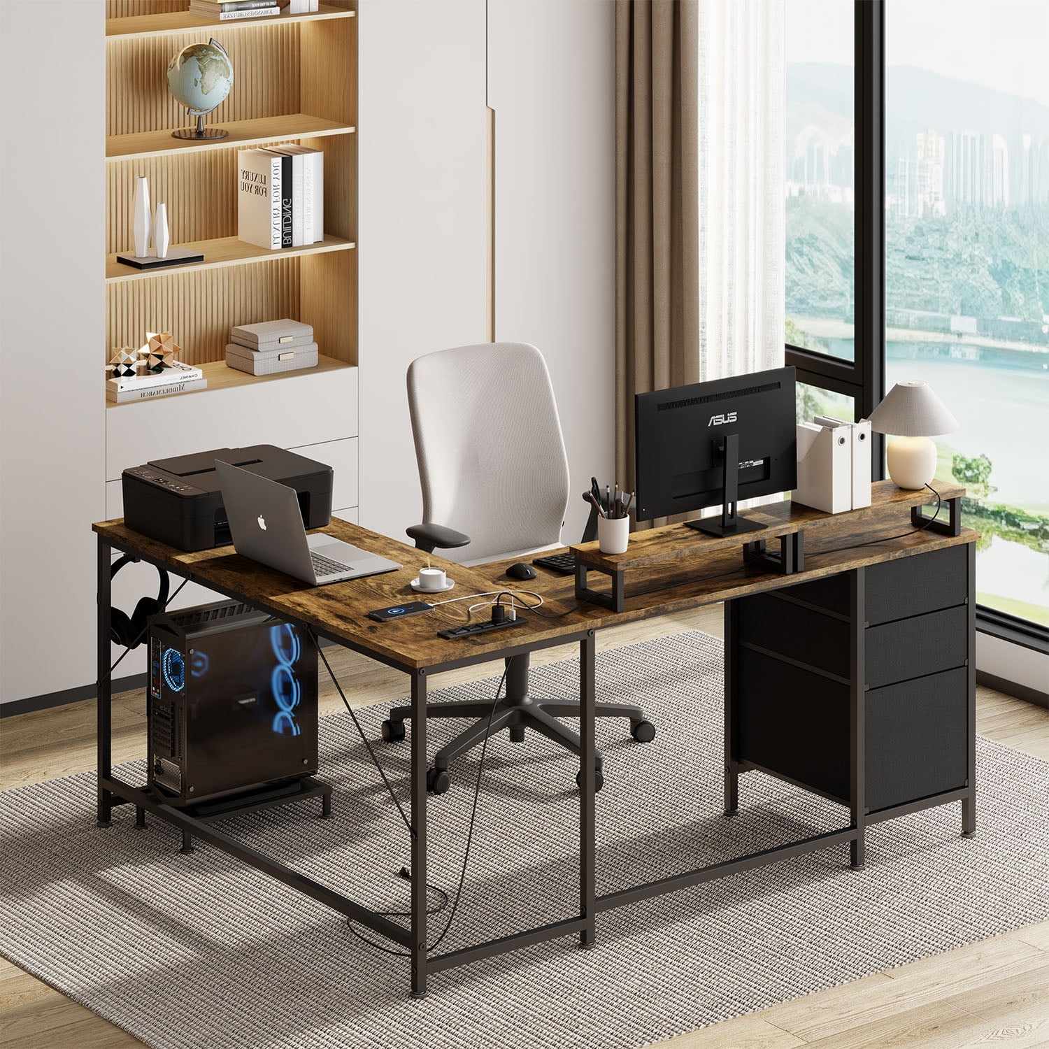 GIKPAL L Shaped Computer Desk  with Drawer, Reversible Gaming Desks Corner Desk with Storage Shelves & Monitor Stand, Home Office Desk Workstation, Brown