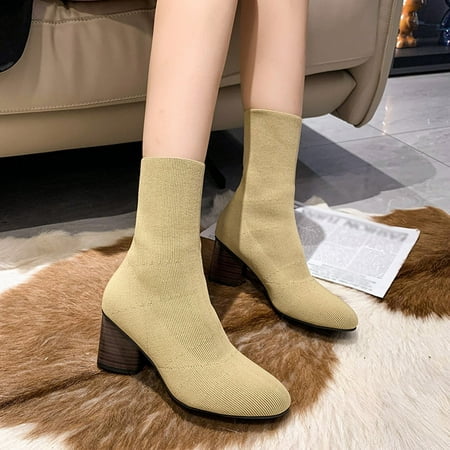 

Cathalem Sock Boots Heels Mid Calf Fashion Women Fabric Cloth Solid Color Autumn Thick above The Knee Boots for Women Wide Calf Khaki 9