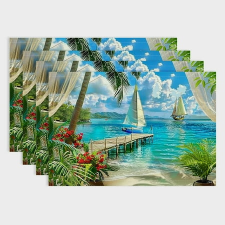 

Fenyluxe 4pcs Tropical Beach Sailboat Dock Linen Cloth Placemat Set for Dining Tables Home Decor Heat Resistant Pack of 4 18x12in