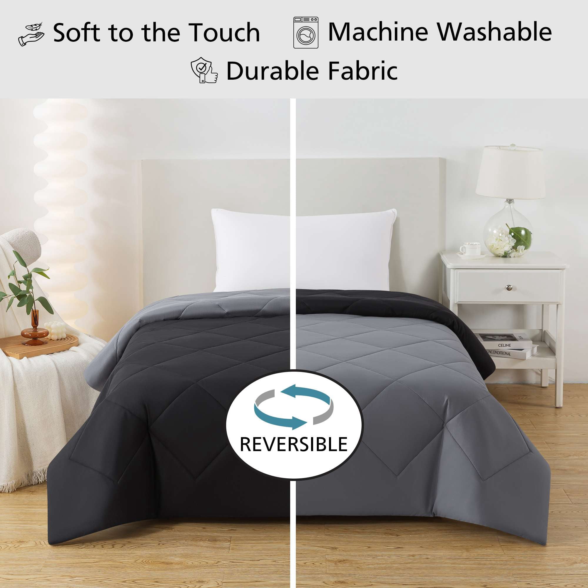 Mainstays Reversible Microfiber Comforter, Black, Twin-XL