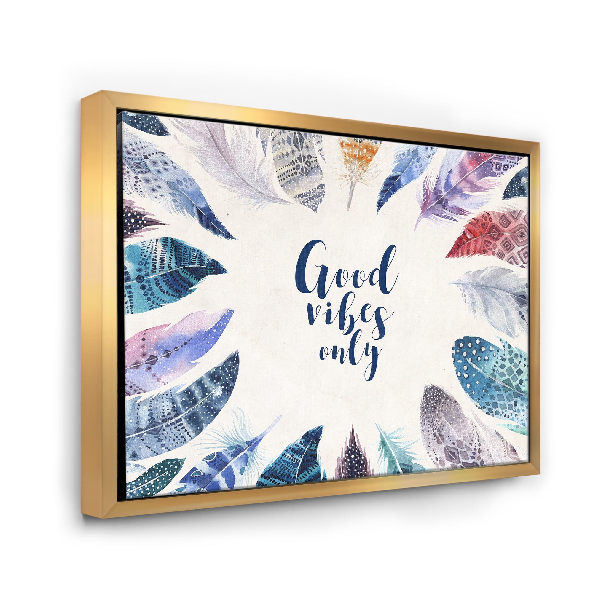 Designart 'Good VIbes Only Under Vibrant Blue Feathers' Bohemian & Eclectic Framed Canvas Wall Art Print