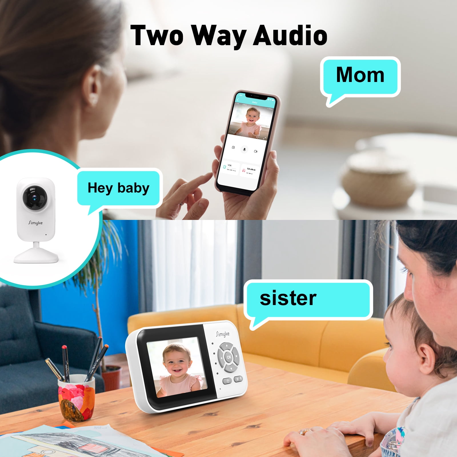 Simyke Dual Camera Video Baby Monitor, 2.8" LCD, Wireless, Night Vision, 2-Way Audio, App Access, 1200ft Range, Feeding Timer, Temperature Sensor, Portable for Home Use