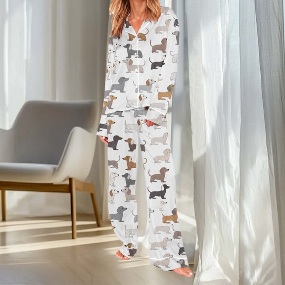 Blmnix Cotton Pajamas Womens Pajamas Cute Pajama Sleepwear Sets Sleepwear Long Sleeve Collared White Long Wide-Leg Women Pjs Sets,XL