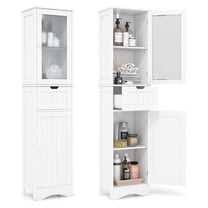 67" Tall Bathroom Storage Cabinet, Slim Freestanding Tower w/ 2 Doors & 1 Drawer, Narrow Floor Cabinet w/Adjustable Shelves & Tempered Glass Door for Bathroom Living Room (White)