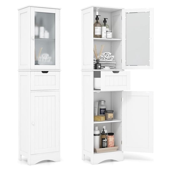 67" Tall Bathroom Storage Cabinet, Slim Freestanding Tower w/ 2 Doors & 1 Drawer, Narrow Floor Cabinet w/Adjustable Shelves & Tempered Glass Door for Bathroom Living Room (White)