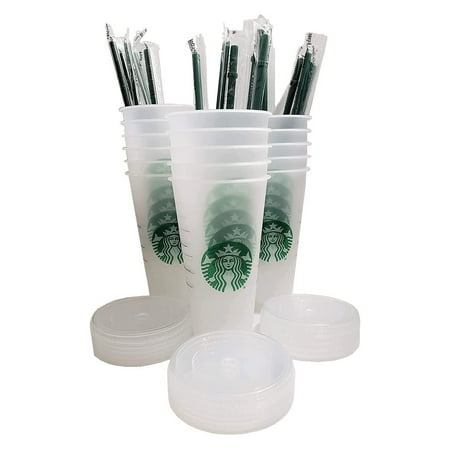 

24OZ/710ml Starbucks Plastic Tumbler Reusable Clear Drinking Flat Bottom Cup Pillar Shape Lid Straw Mug (5 Pieces)