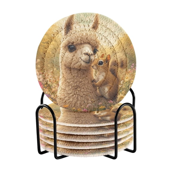 Haosy Set of 6 Drink Woven Coaster with Holder Heat Resistant Non-Slip Bar Coasters 4 Inches Squirrel and Alpaca