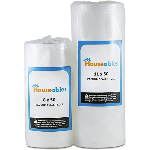 Houseables Vacuum Sealer Rolls w/ Cross-Vented Channels, On a Roll, 8"x50"x0.1", Clear, 2 Count