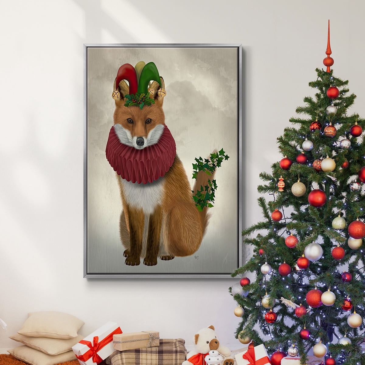 Christmas Holly and Ivy Fox - Framed Gallery Wrapped Holiday Canvas - 17 x 25 - Silver Frame