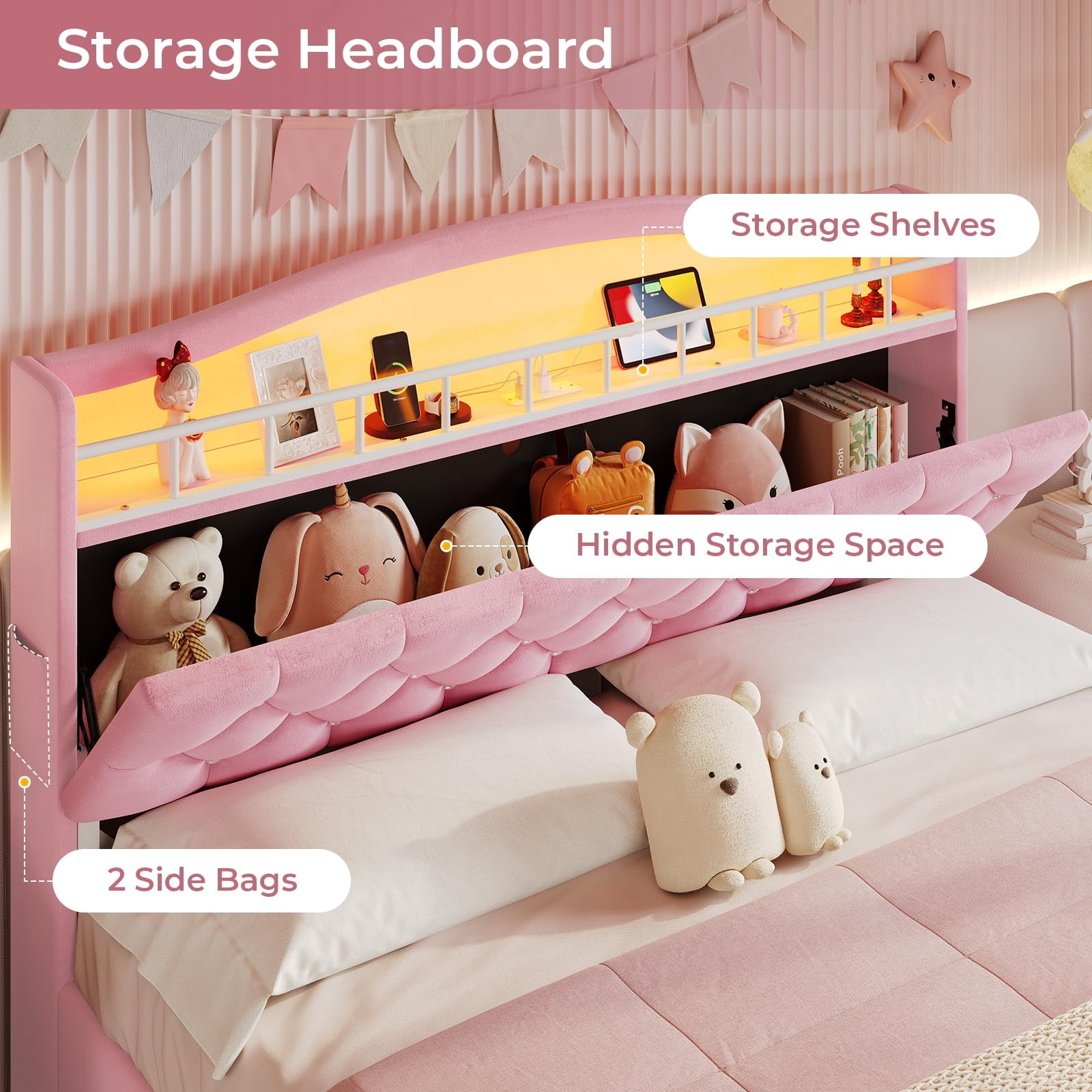 Afuhokles Full Size Bed Frame with LED Lights and 4 Drawers, Velvet Upholstered Platform Bed, Headboard with Charging Station and Crystal Button, Pink