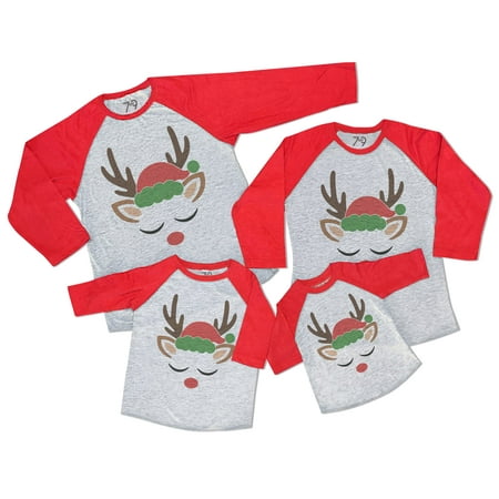 

7 ate 9 Apparel Matching Family Merry Christmas Shirts - Reindeer Face with Santa Hat Red Shirt 5T
