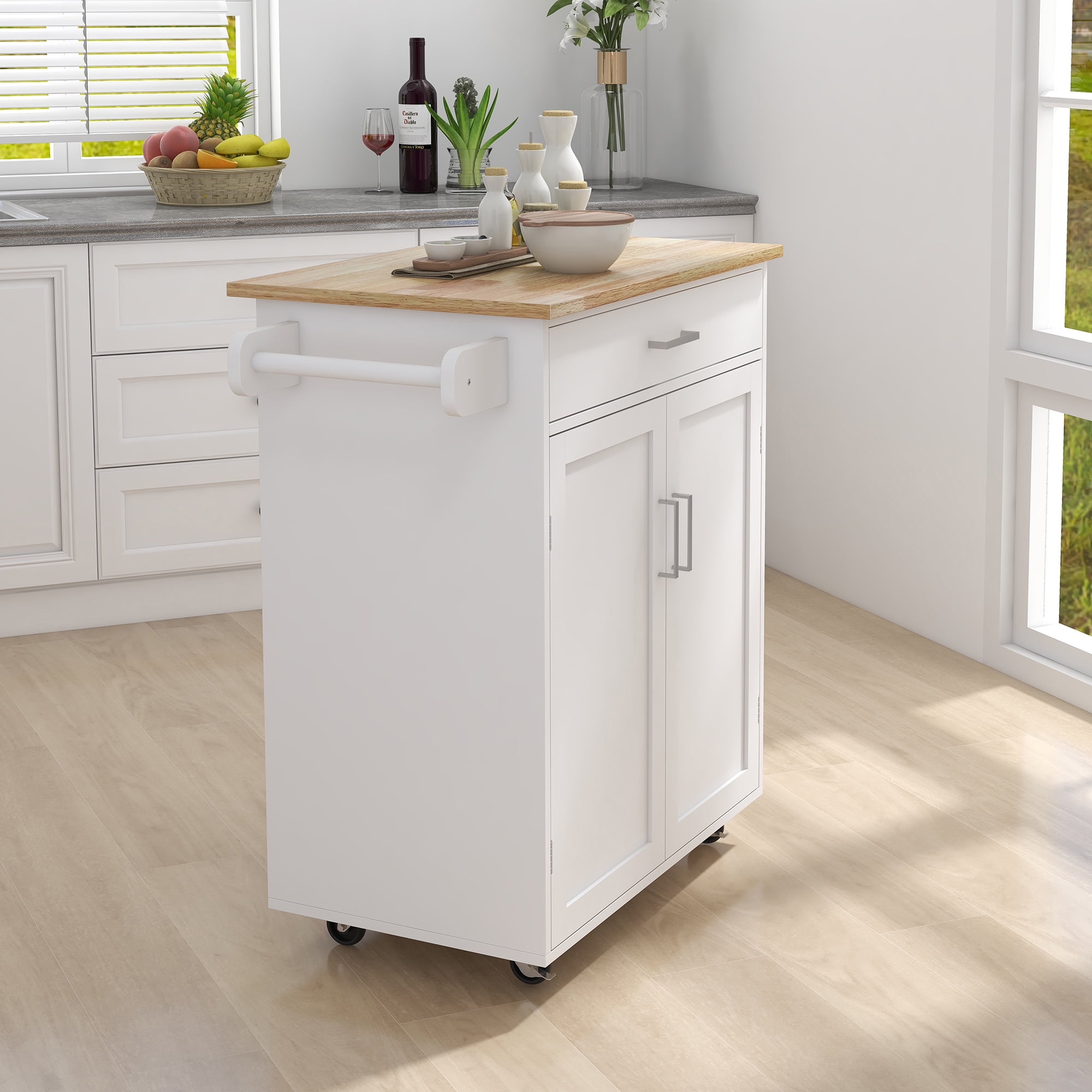 Kitchen Cart Rolling Kitchen Island with 1 Drawer, 2 Doors, Adjustable Shelves, Towel Rack and Seasoning Rack, Versatile White Kitchen Island for Storage & Home Decor