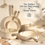 Astercook 17-Piece Ceramic Cookware Set with Dog Paw Wooden Handles, Nonstick Pots and Pans Set for Home & Camping, Induction Compatible and Dishwasher Safe, Perfect Gift for Pet Lovers & Families