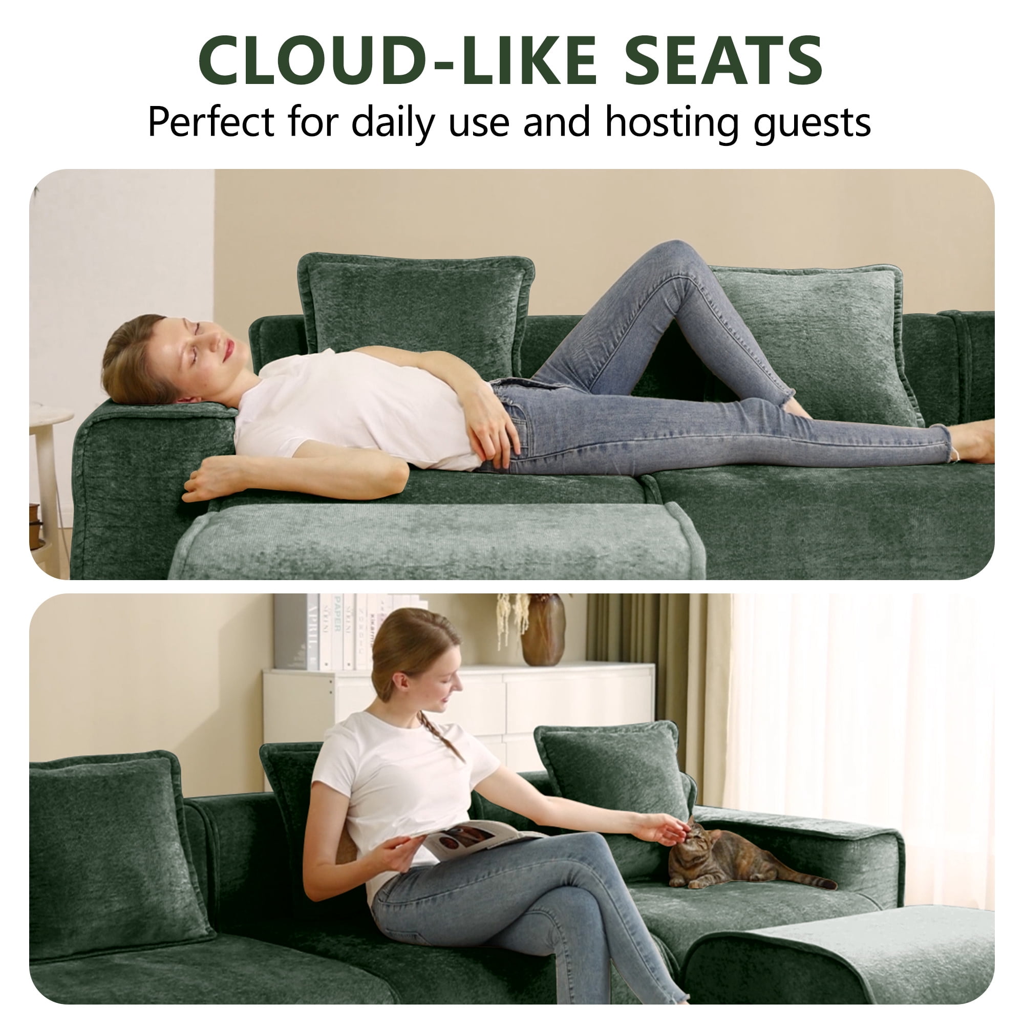 Aukfa 109" Cloud Sectional Sofa Oversized Boneless Couch Modular L-Shaped Sofa with Ottoman for Living Room, Velvet, Green