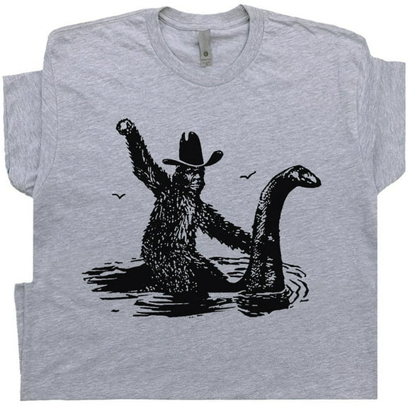 Bigfoot T Shirt Sasquatch Riding Loch Ness Monster Funny Shirts For Men Women Cool Graphic Tee Weird Cryptozoology