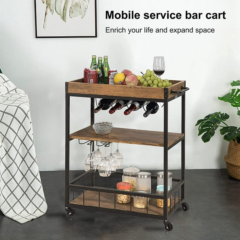  melos Bar Cart, Mobile Bar Serving Cart, Rolling Wine Cart  with Glass Stemware Rack and Wine Bottle Holders, ndustrial Vintage Style  Kitchen Serving Cart for, Kitchen(Black) - Bar & Serving