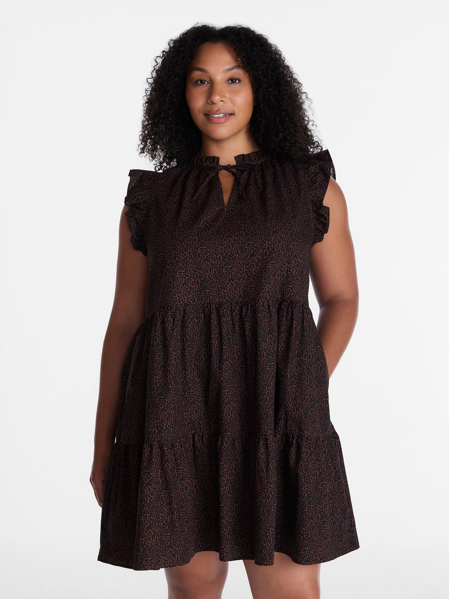 Time and Tru Women's and Women's Plus Tiered Cotton Mini Dress with Flutter Sleeves, Sizes XS-4X