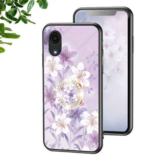 for Samsung Galaxy A03 Core Case,  Ultra Slim Shockproof Floral Phone Protective Diamond Ring Kickstand Soft Bumper Case Cover for Women Girls, Flower Pattern Design,Flower#3
