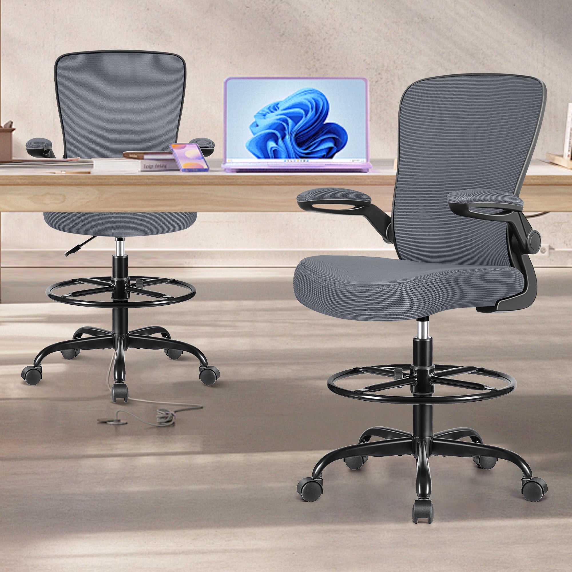 COOLHUT Home Office Chair with Flip-up Armrests for Standing Desk, Ergonomic Computer Office Desk Chair with Adjustable Foot Ring, Office Desk Chairs with Adjustab Lumbar Support, Dark Gray