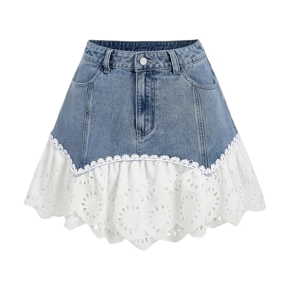 High Waist Lace Patchwork Denims Minis Skirt for Women Asymmetric A Line Skirt Summers Short Skirts
