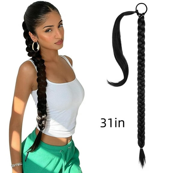 Long Braided Ponytail Extension with Hair Tie Straight Wrap Around Hair Extensions Ponytail Natural Soft Synthetic Hair Piece for Women Daily Wear 31 Inch 150 Gram Black