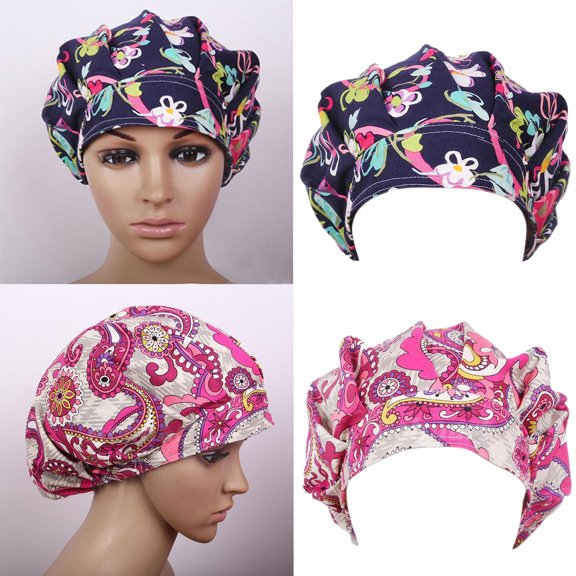 Walbest Cotton Floral Printed Puffy Nurse Cap, Breathable Adjustable Bouffant Hat for Beautician Anesthetist