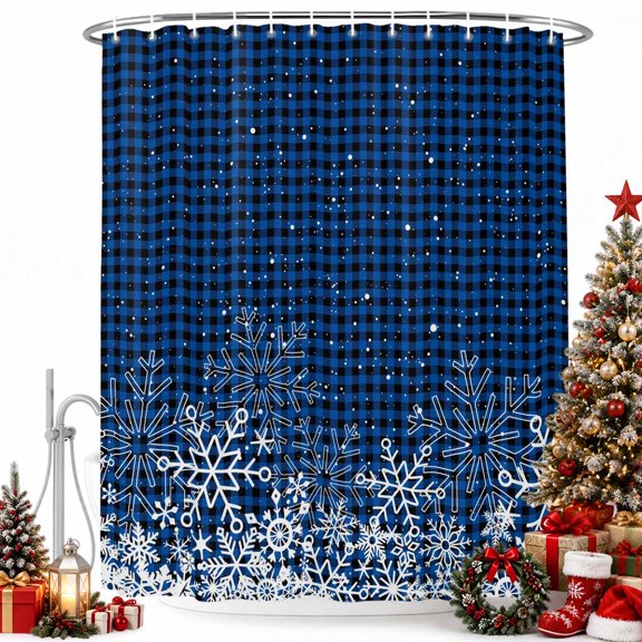 Winter White Snowflakes Shower Curtain for Bathroom, Blue Plaid Background Waterproof Shower Curtains Washable Quick Dry with Hooks Bathtub Curtains 36x72IN
