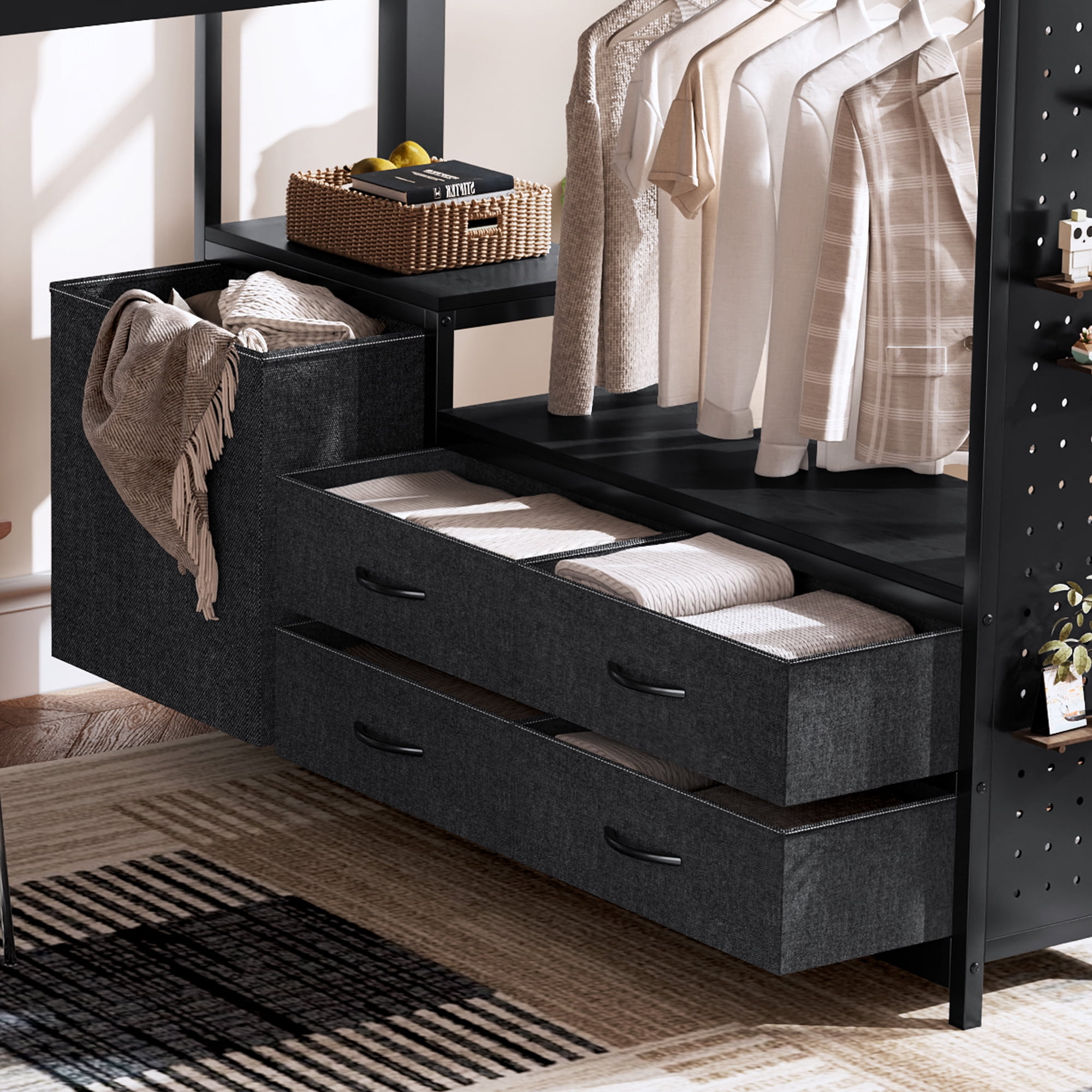 Queen Size Loft Bed with Desk & Storage Shelves, Metal Loft Bed Frame with Clothesline Pole & Pegboard, Space-Saving Adult Loft for Dorms, Apartment, Black