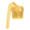 thumbnail image 3 of Raenseen Kids Girls One Shoulder Long Sleeve Shiny Sequins Dance Crop Top Gym T-Shirt Ballet Gymnastics Jazz Dancewear Gold 16, 3 of 7