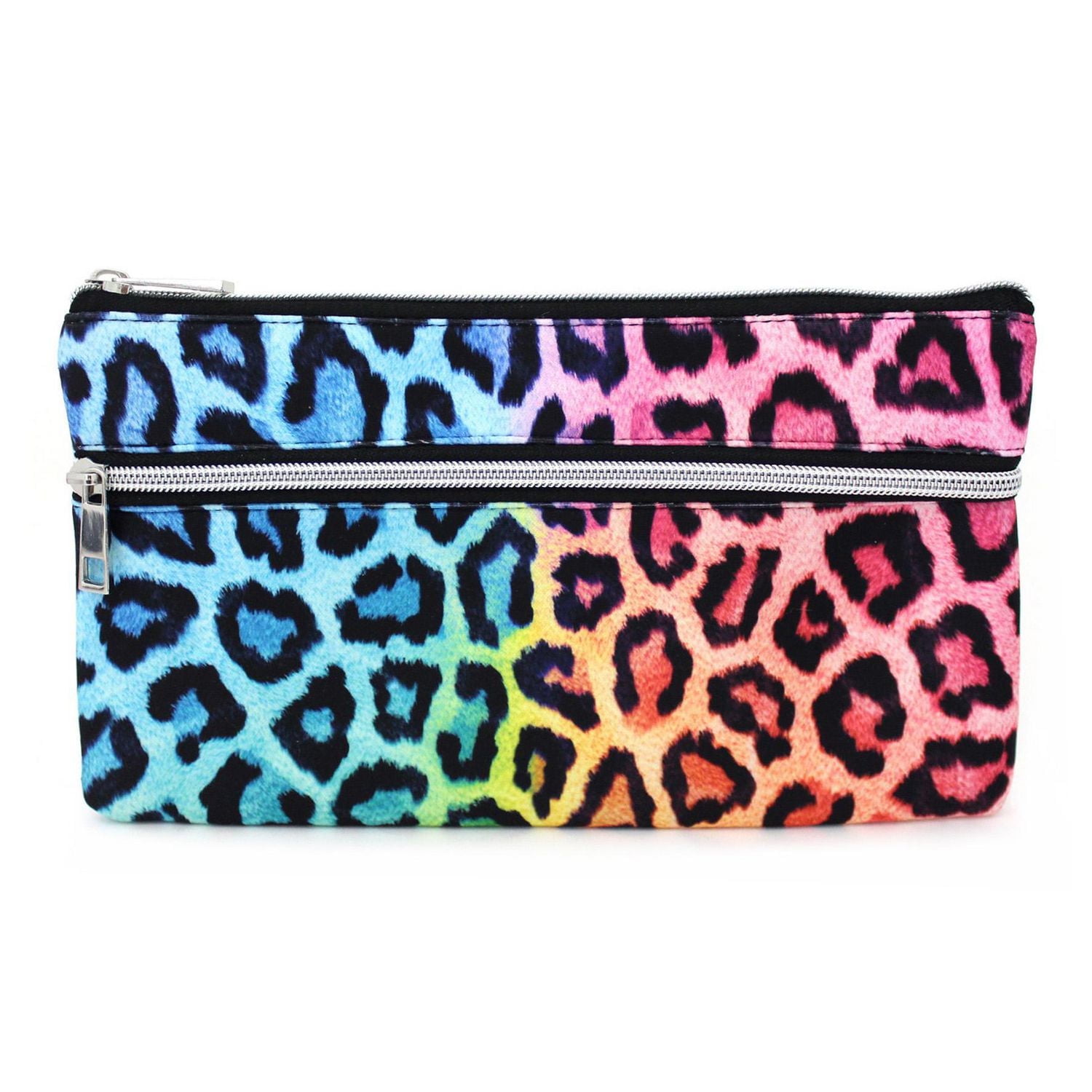 Pen+Gear Leopard Print Pencil Pouch in Rainbow Colours with 2 Zip Compartments
