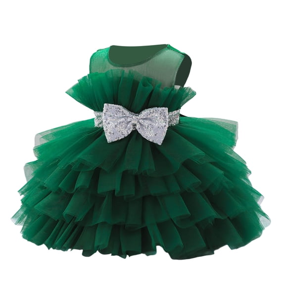 Ulitacool Dresses For Girls Sleeveless Crewneck Sundress Gown Party Dress With Puffed Sleeves And Sparkling Elegant Clothes Dark Green 2-3 Years