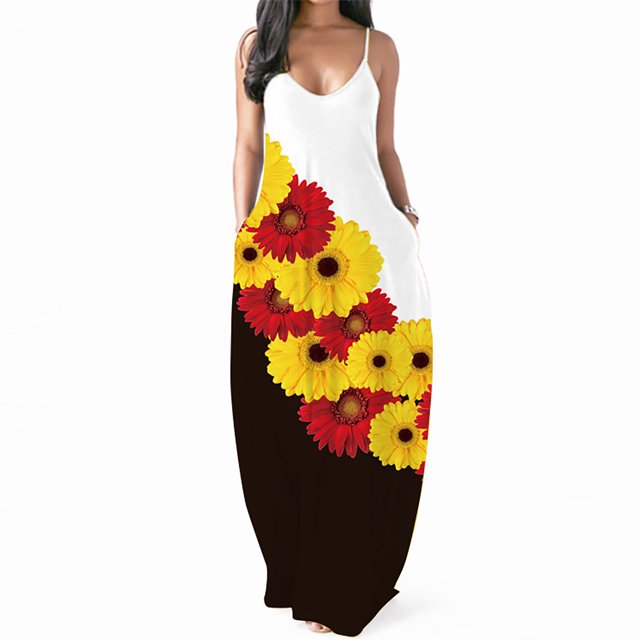 Lenago Robes d'Été Grande Taille pour Femmes Décontractées Imprimé Col Rond Poches Sans Manches Maxi Longue Robe d'Été Plage en Solde