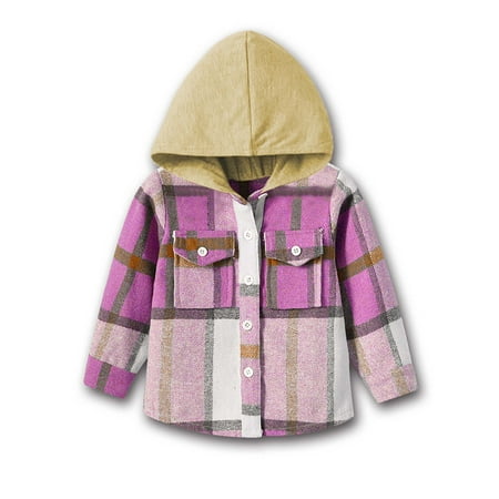 

NaWent Clearance Baby Boys Plaid Flannel Shirt Long Sleeve Button Down Hooded Shirts Fur-Lined Jacket Shirt Winter Fall Tops Clothes Purple 6-12 Months