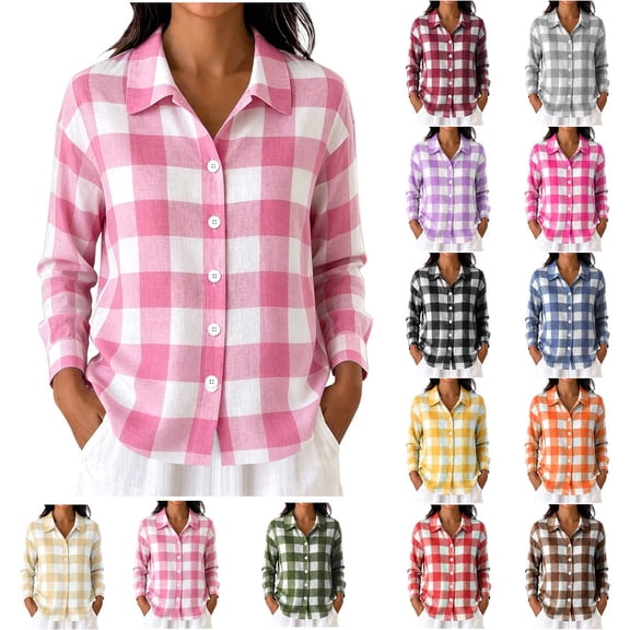 Luivaraty Flannel Plaid Shirts for Women Button Down Lapel Tops Fashion Casual Long Sleeve Dressy Shirts,S-2XL
