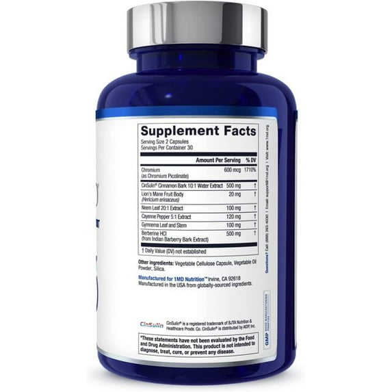 1MD Nutrition GlucoseMD - Blood Sugar Support Supplement | with Patented Cinnamon Extract, Chromium, Berberine | 60 Capsules